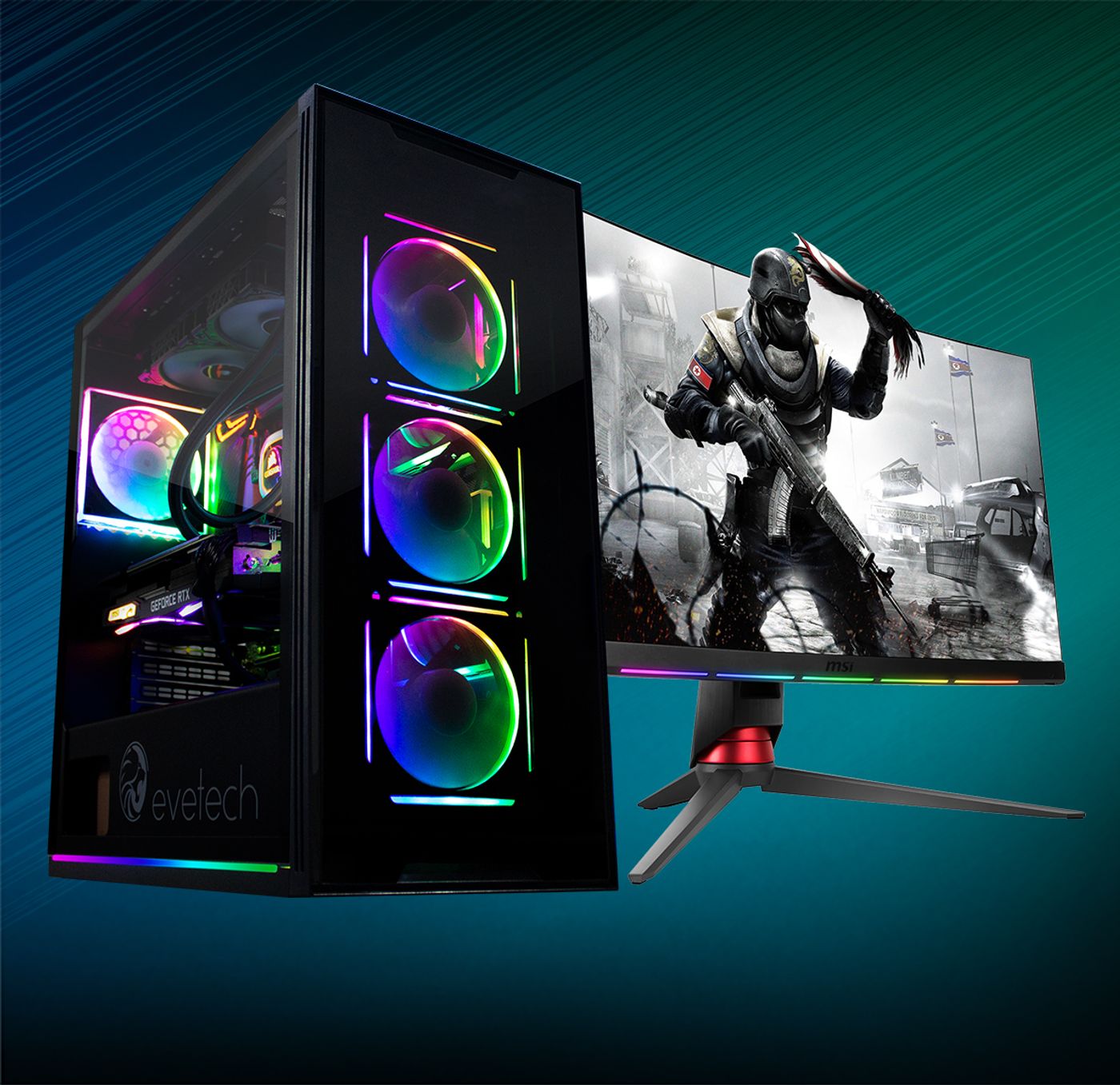 RGB lighting from the six fans inside the Evetech TRIO Elite case