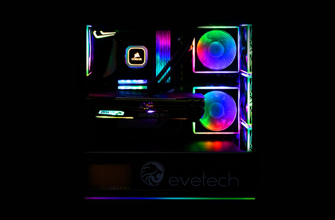 Interior of the Evetech TRIO Elite case showing graphics card clearance