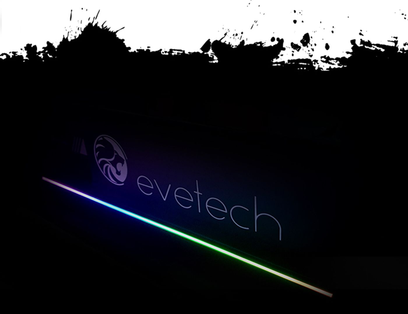 Evetech TRIO tempered glass gaming case viewed from the front with RGB fans lit