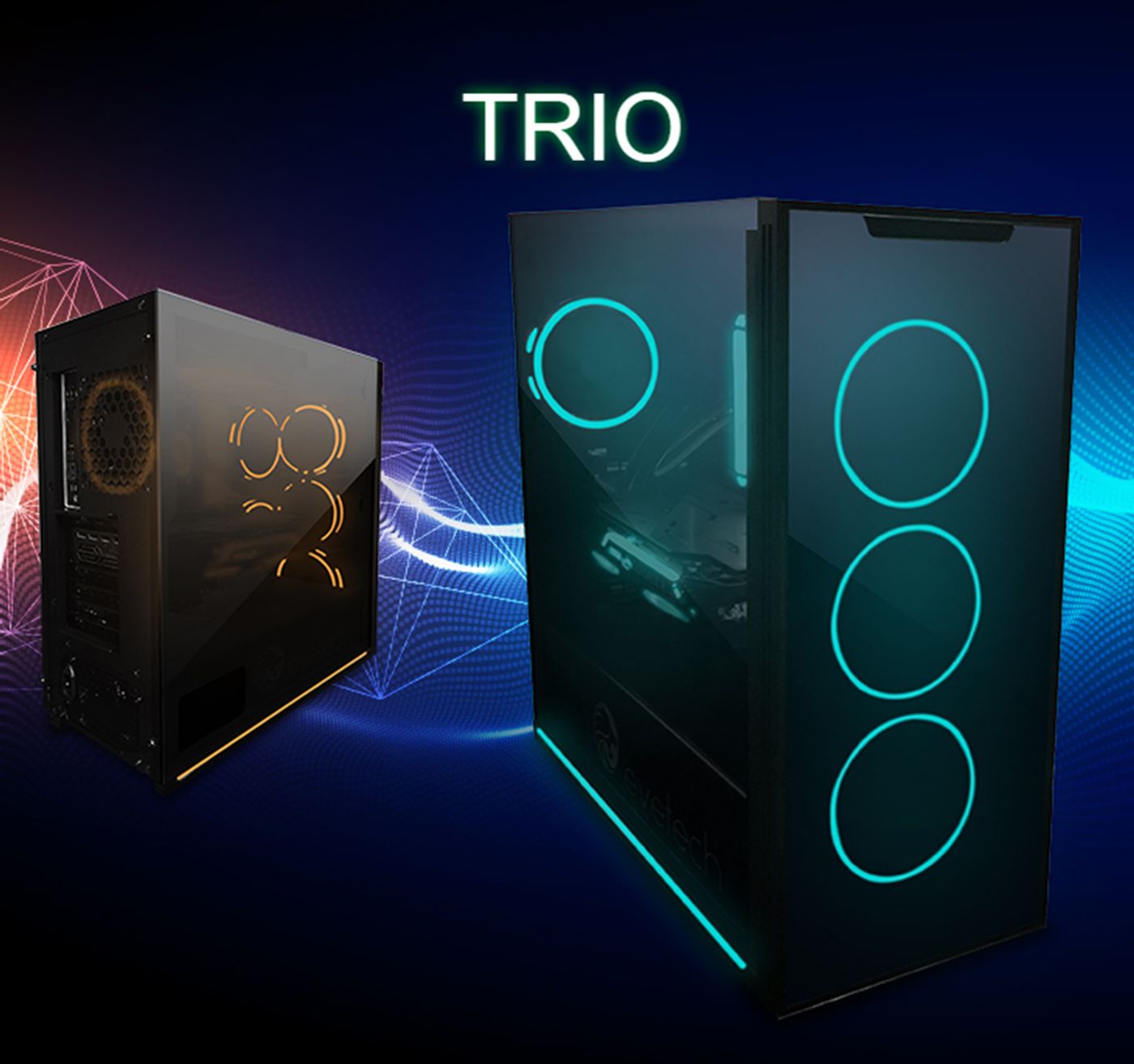 Evetech TRIO gaming case shown at an angle against a dark background