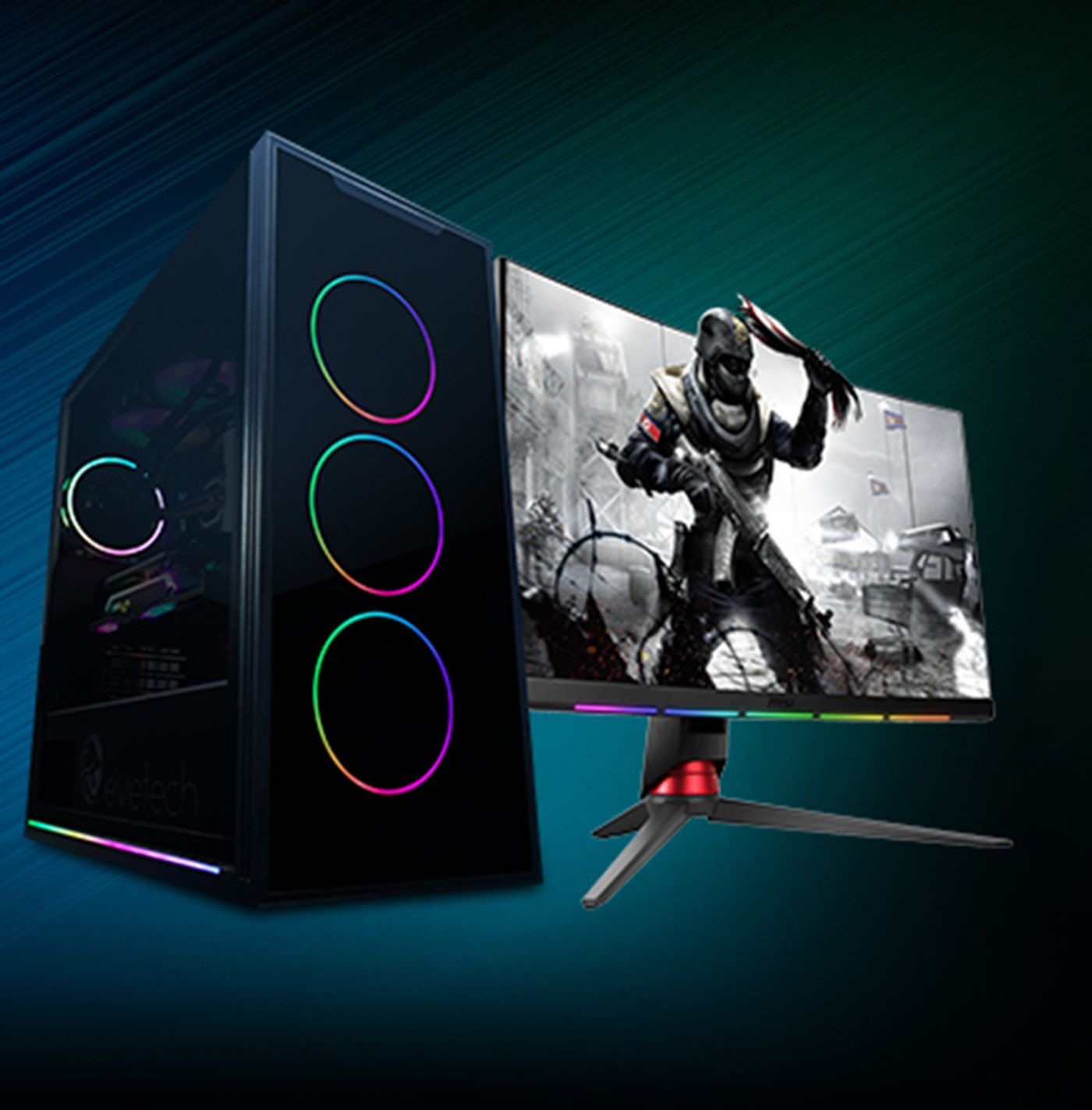 RGB lighting from the fans illuminating the interior of the Evetech TRIO case
