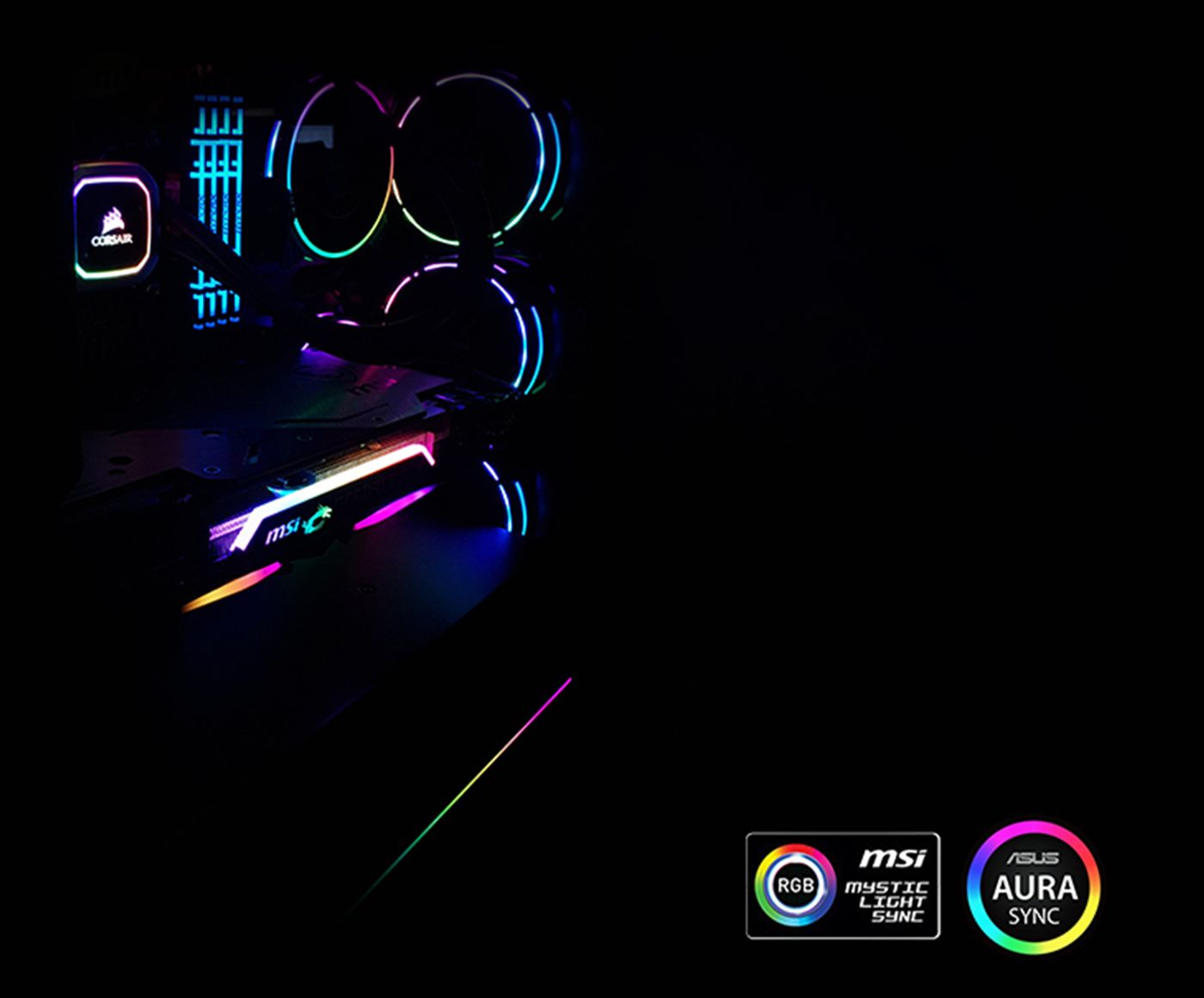 Close view of a dual-ring RGB PWM fan fitted to the Evetech TRIO