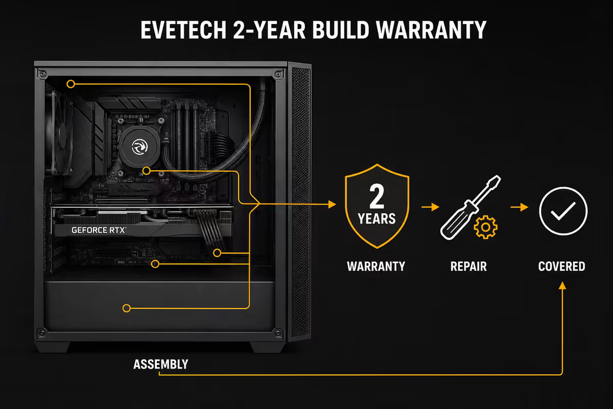 The Evetech build warranty - 2 years on the assembly