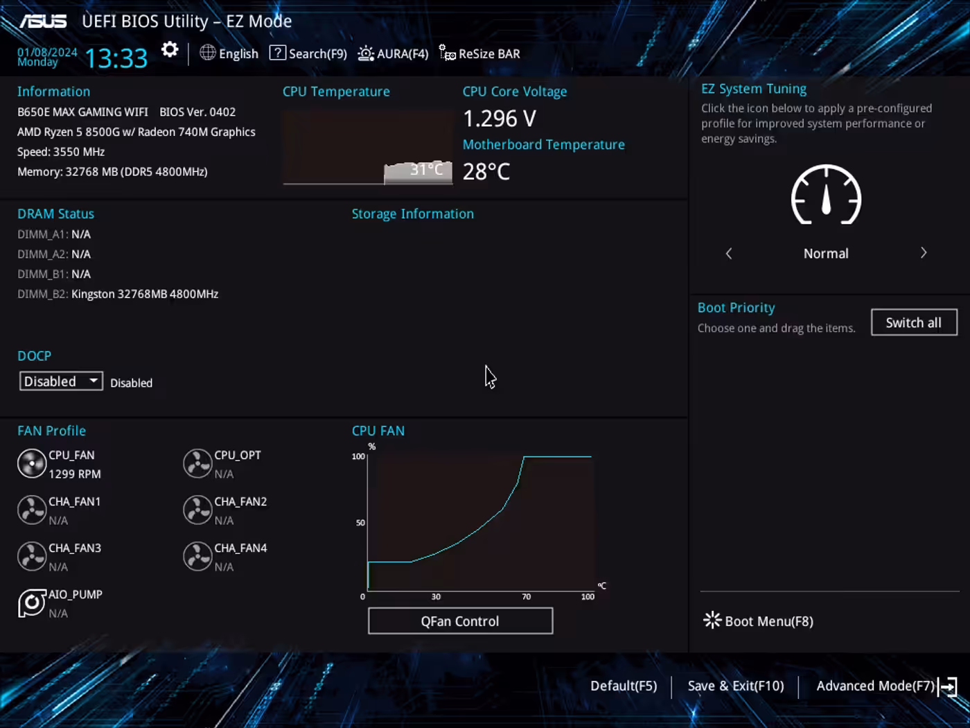 UEFI BIOS EZ Mode interface showing essential stats and simplified settings