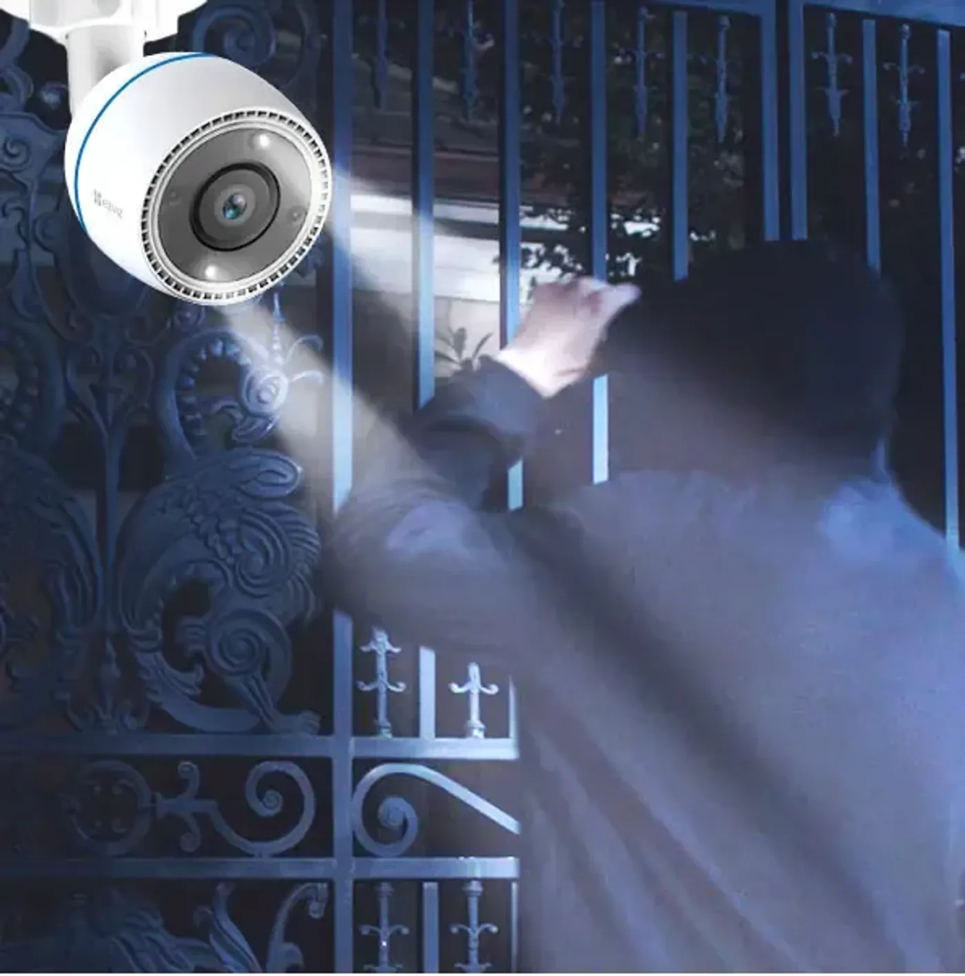 EZVIZ C3TN camera with its twin deterrent spotlights illuminated