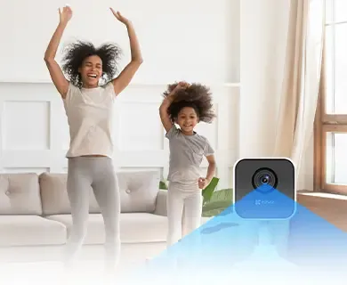 EZVIZ H1C indoor security camera displaying wide-angle clear video