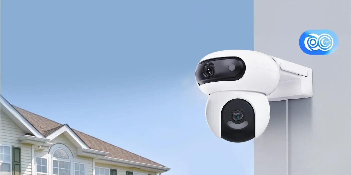 EZVIZ H90 Dual lens outdoor security camera illustrating its panoramic coverage