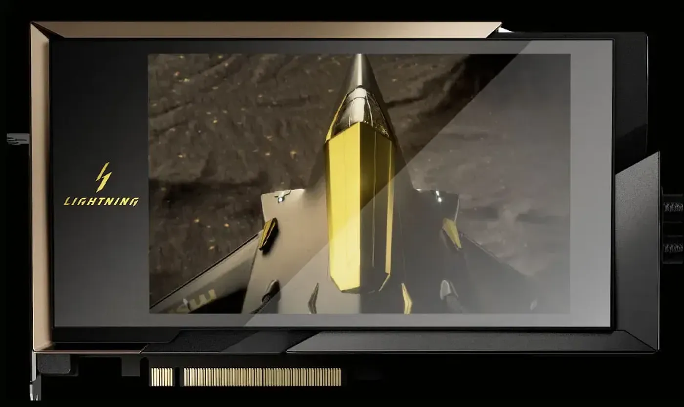 Integrated 8-inch front-facing display on the MSI RTX 5090 LIGHTNING graphics card.