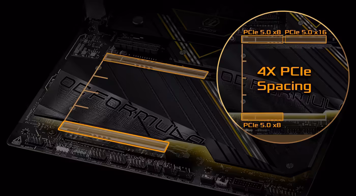 View of the motherboard expansion slots supporting PCIe 5.0 x16