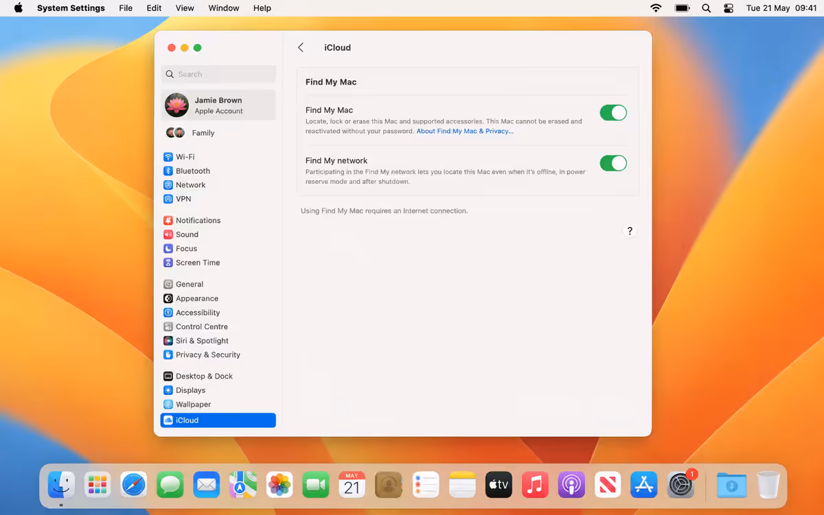 System Settings → iCloud → Find My Mac panel.