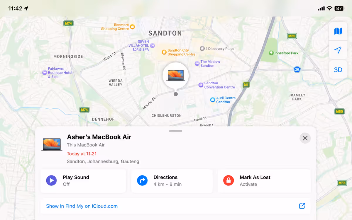 Find My app on iPhone tracking a MacBook in Johannesburg