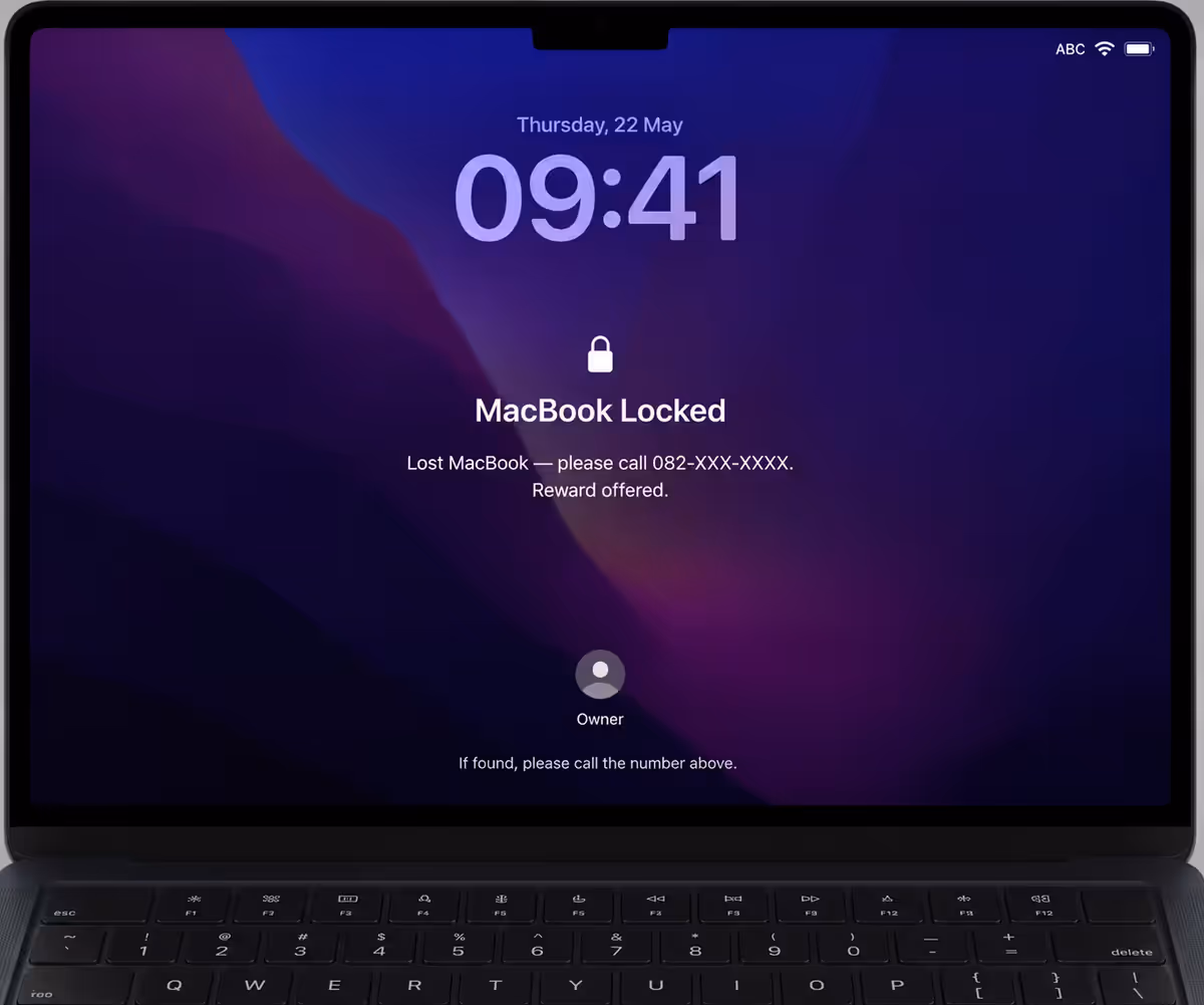 Lost MacBook lock screen with custom message