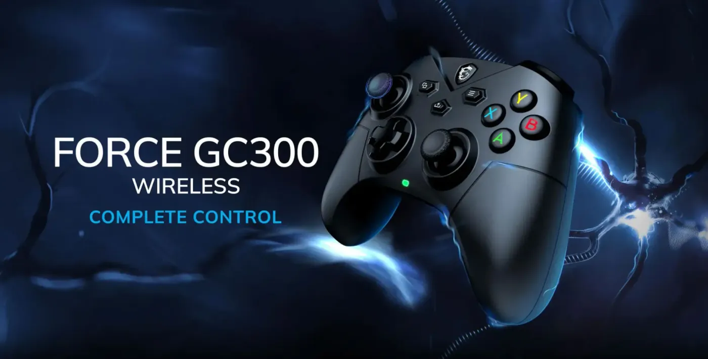 MSI FORCE GC300 wireless gaming controller in black shown from the front