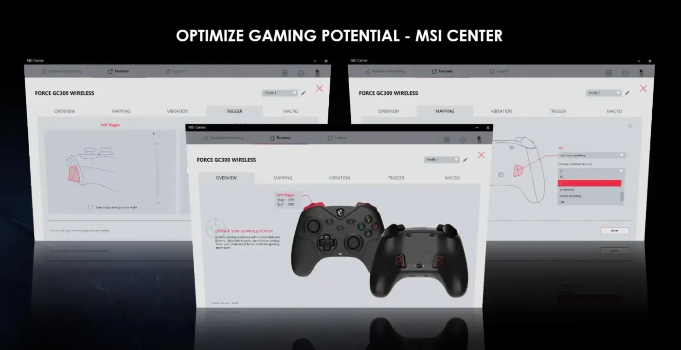 MSI FORCE GC300 controller alongside its rear remappable buttons