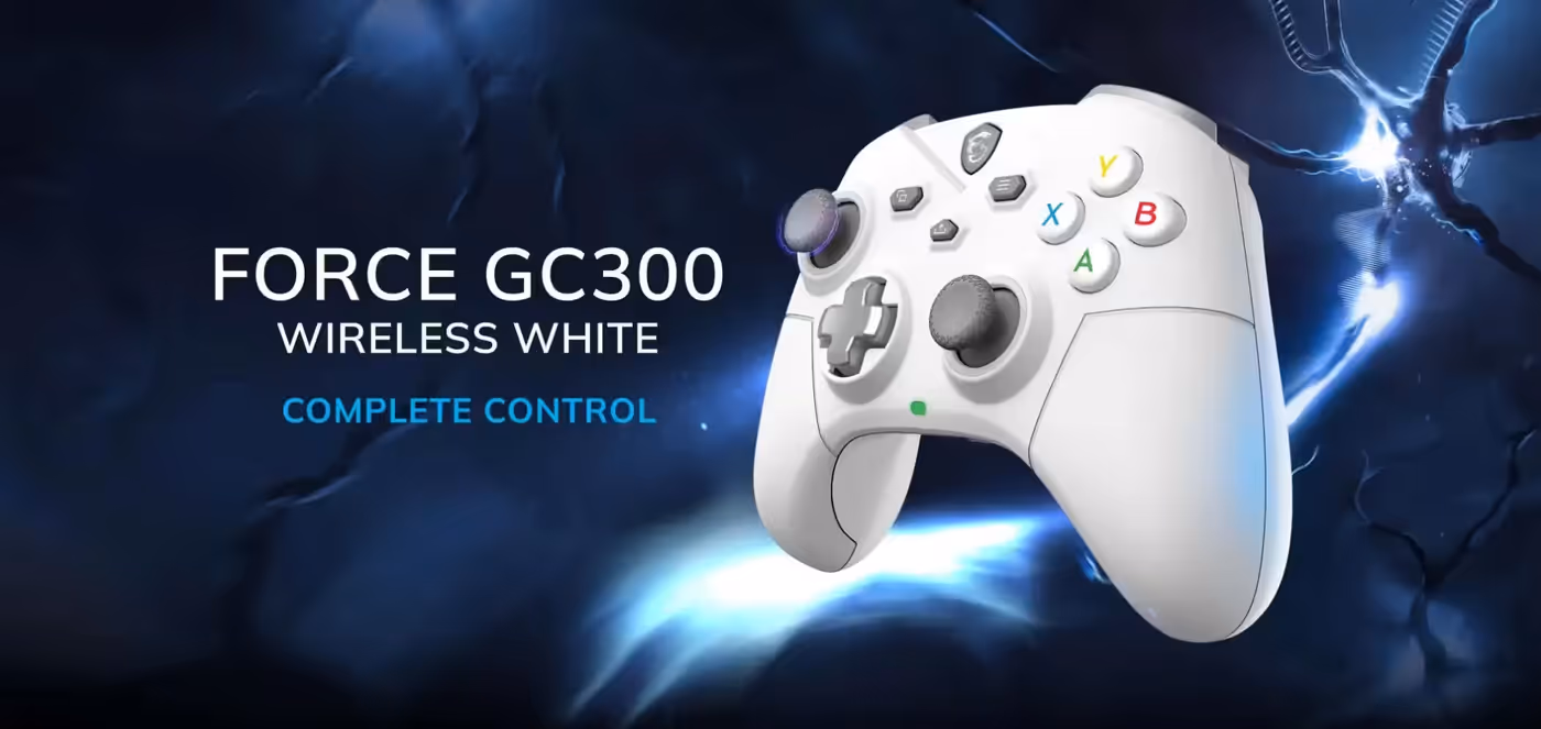 MSI FORCE GC300 wireless gaming controller in white seen from the front
