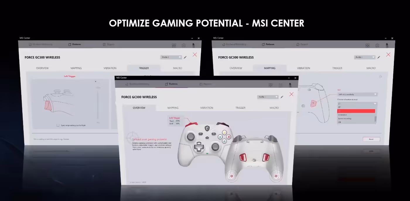 Rear view of the MSI FORCE GC300 controller with its grips in frame