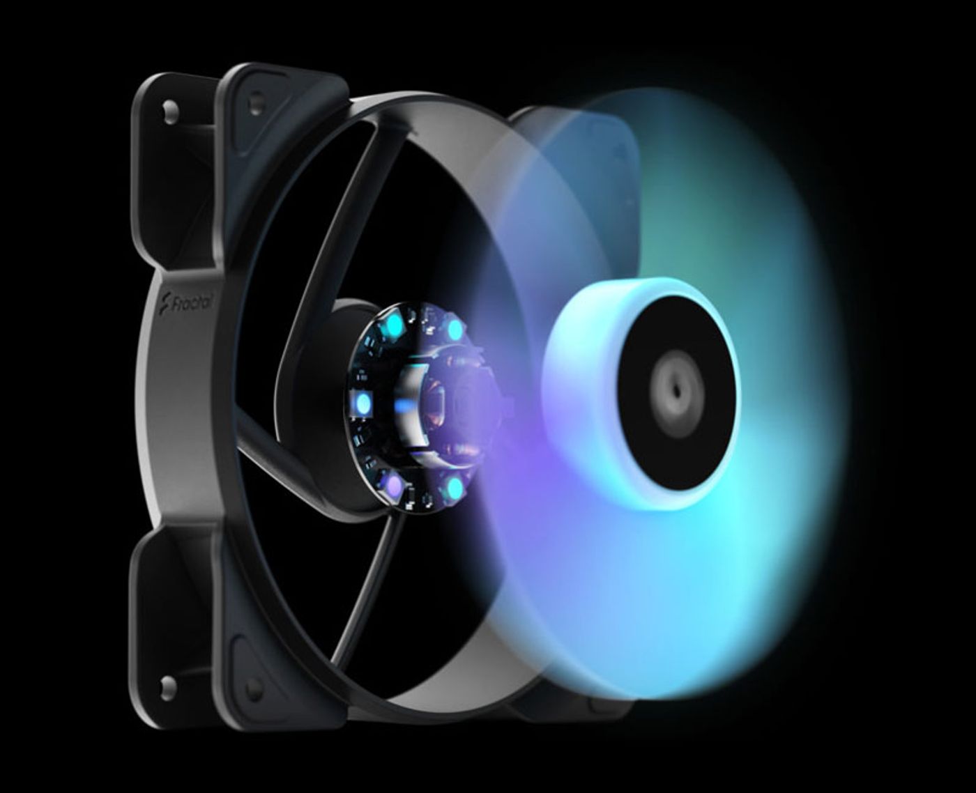 Fractal Design Aspect RGB computer fan showing addressable LEDs and aerodynamic stator struts