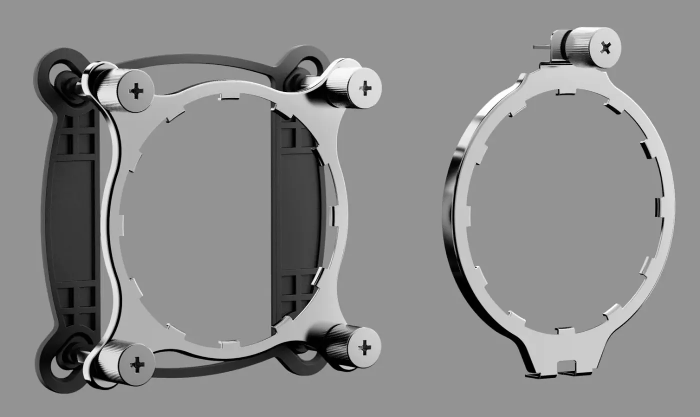 Mounting hardware for broad Intel and AMD CPU socket compatibility