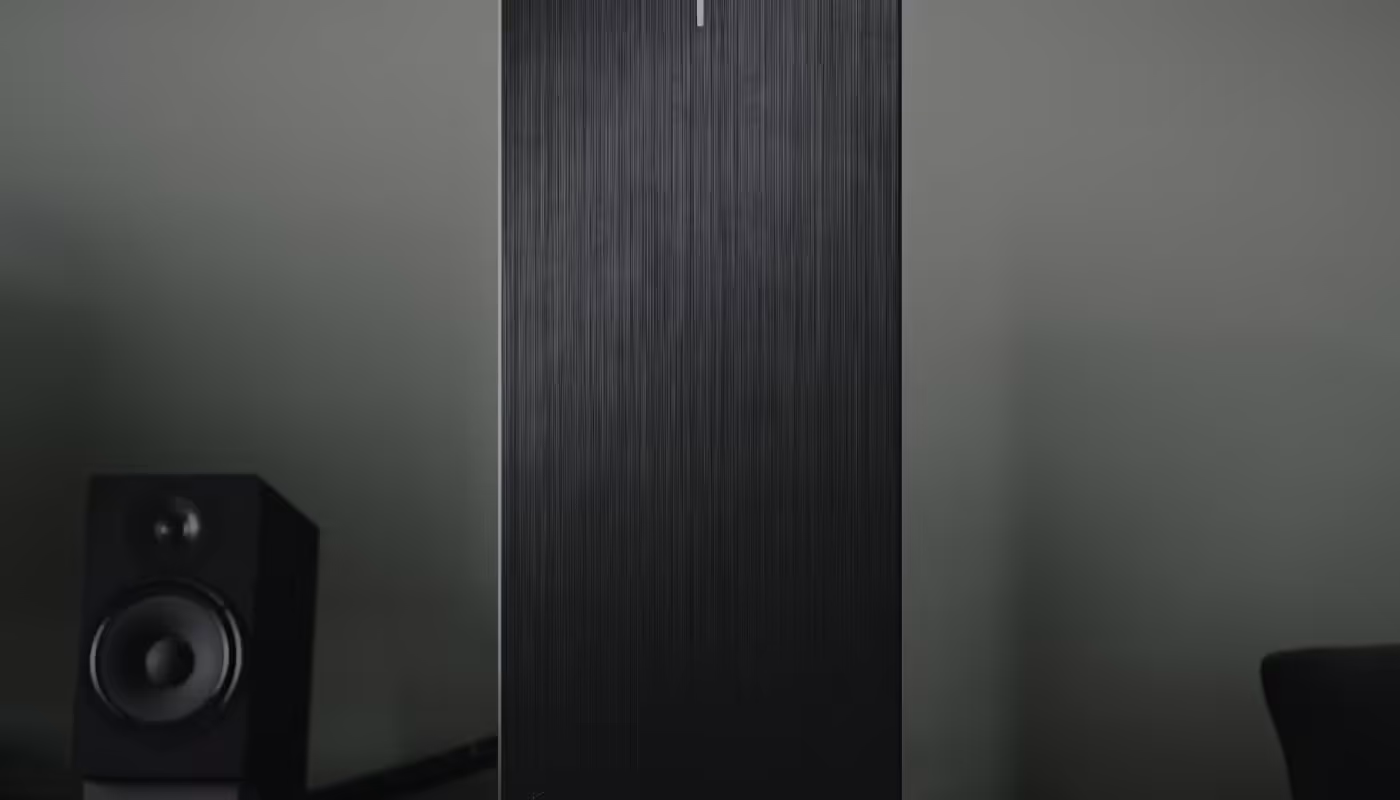 Close up of the sleek brushed aluminum front panel on the Fractal Design Define 7 Compact