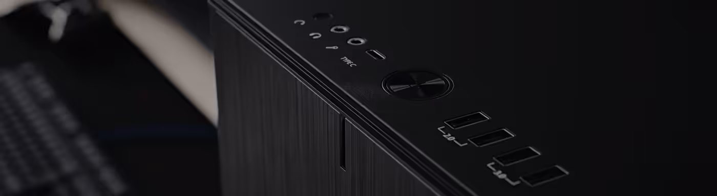 Close up of the front I/O panel on the Fractal Design Define 7 including USB Type-C port