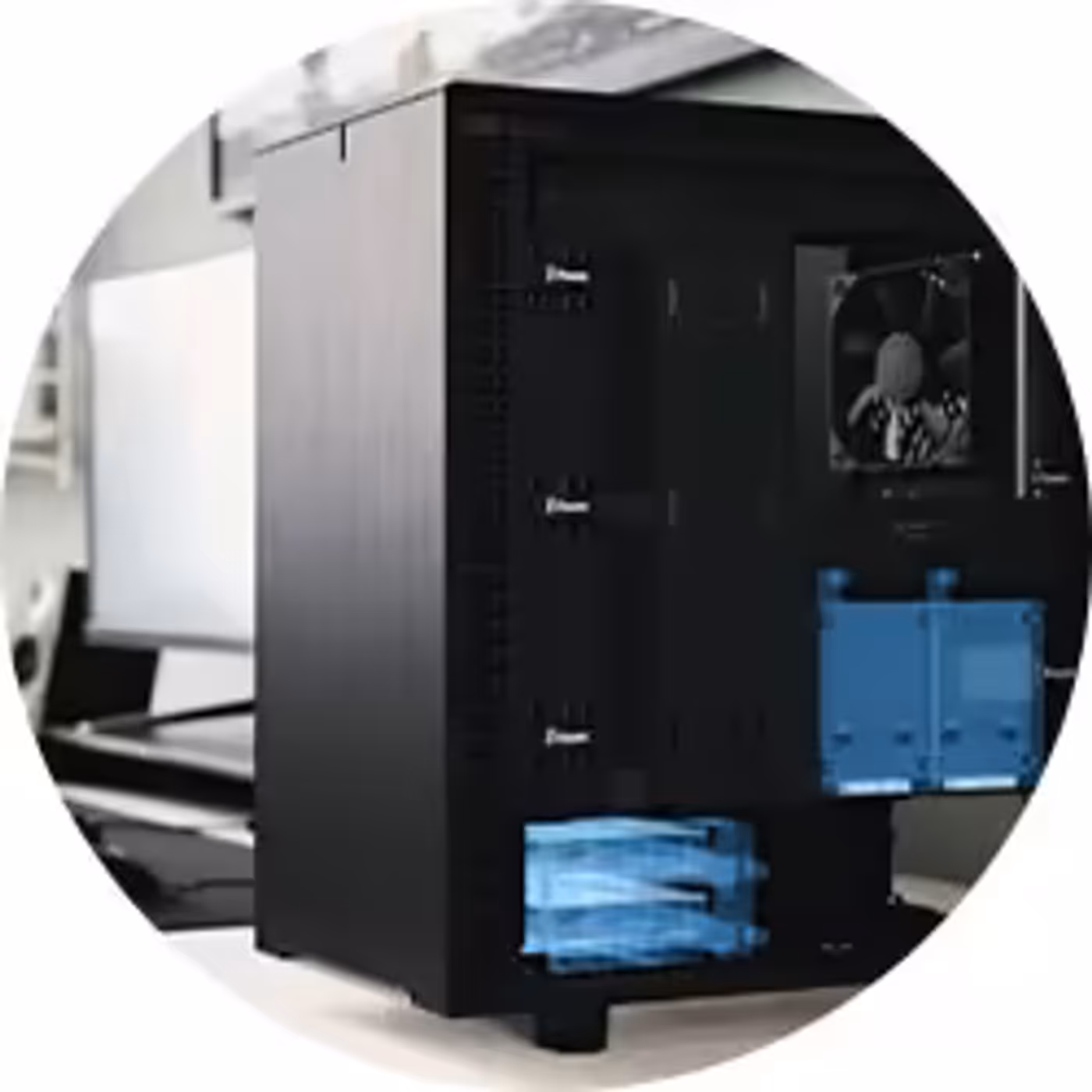 Internal storage bay view showing mounting locations for 2.5 and 3.5 inch drives