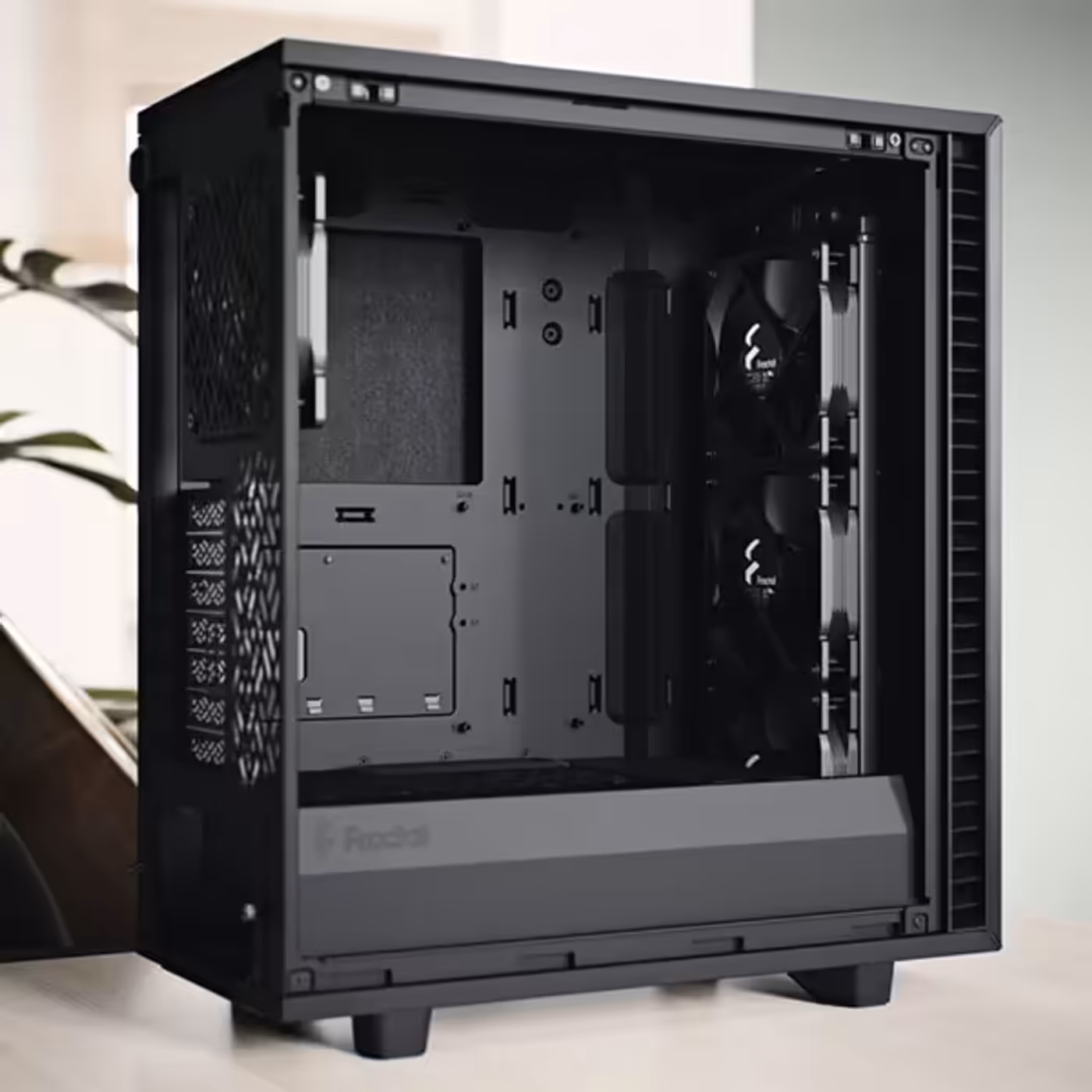 Interior layout of the Fractal Design Define 7 Compact demonstrating component spacing and radiator support