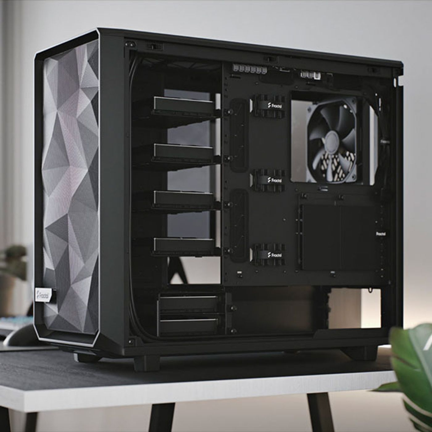 White PC case showing flexible storage layout and tool-less side panels