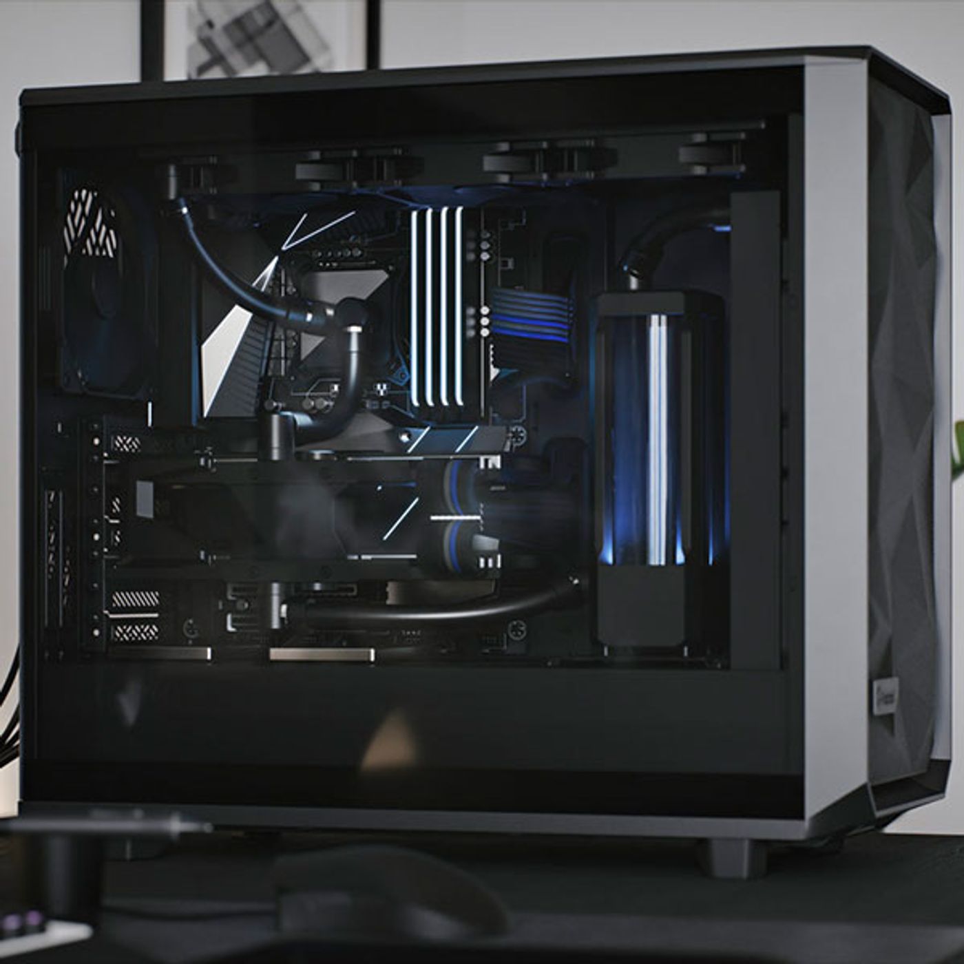White PC case interior supporting large radiators and E-ATX motherboards
