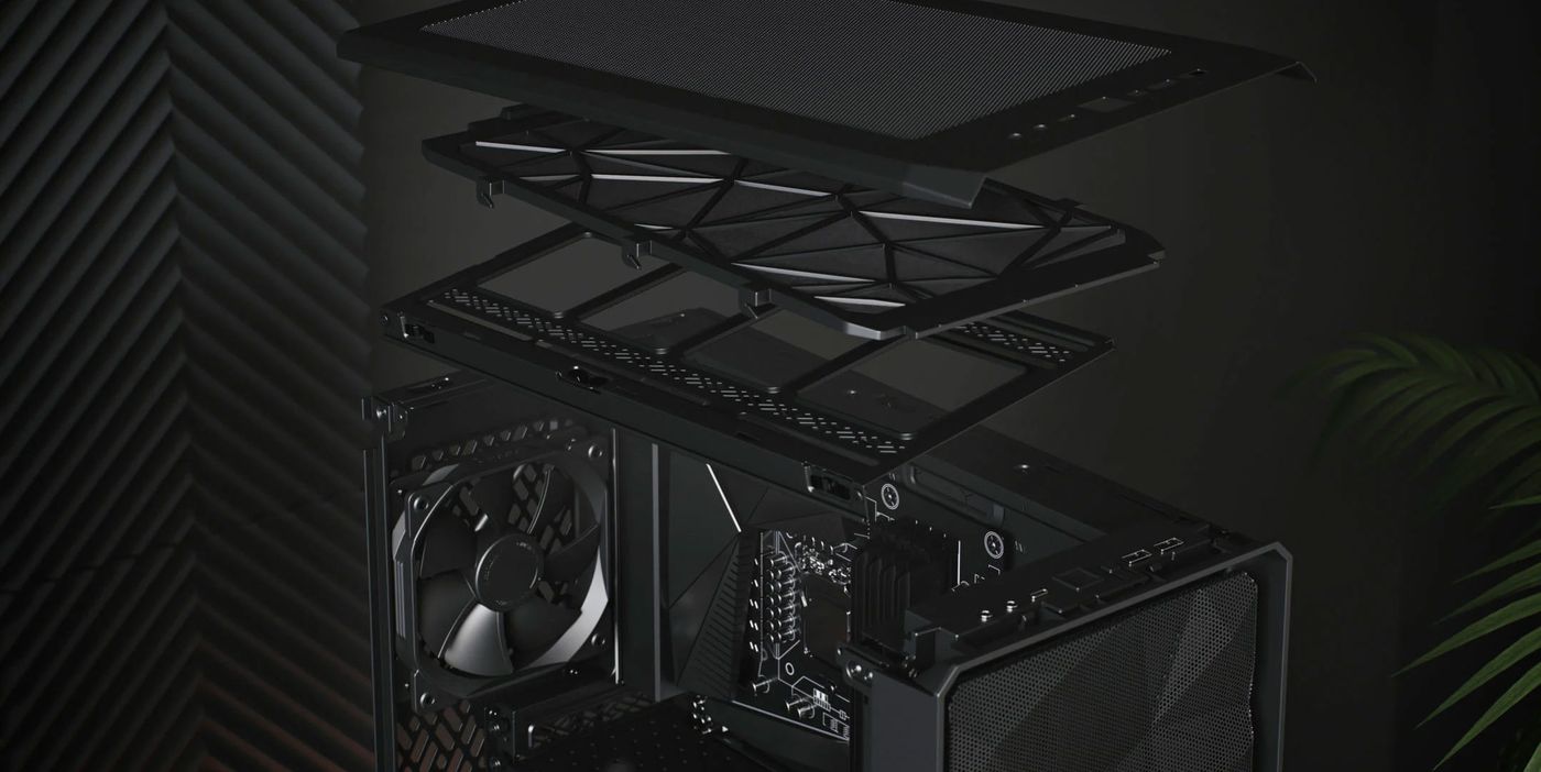 Bolt-free tempered glass panel and accessible internal chassis layout