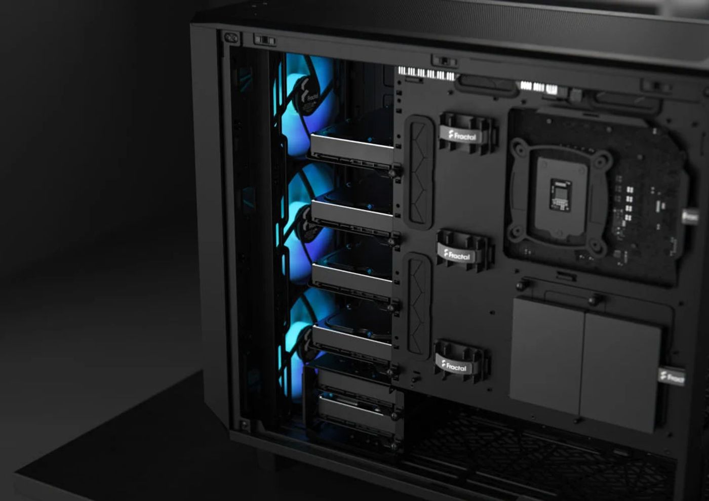 Interior of Fractal Design Meshify 2 showing extensive HDD and SSD storage trays