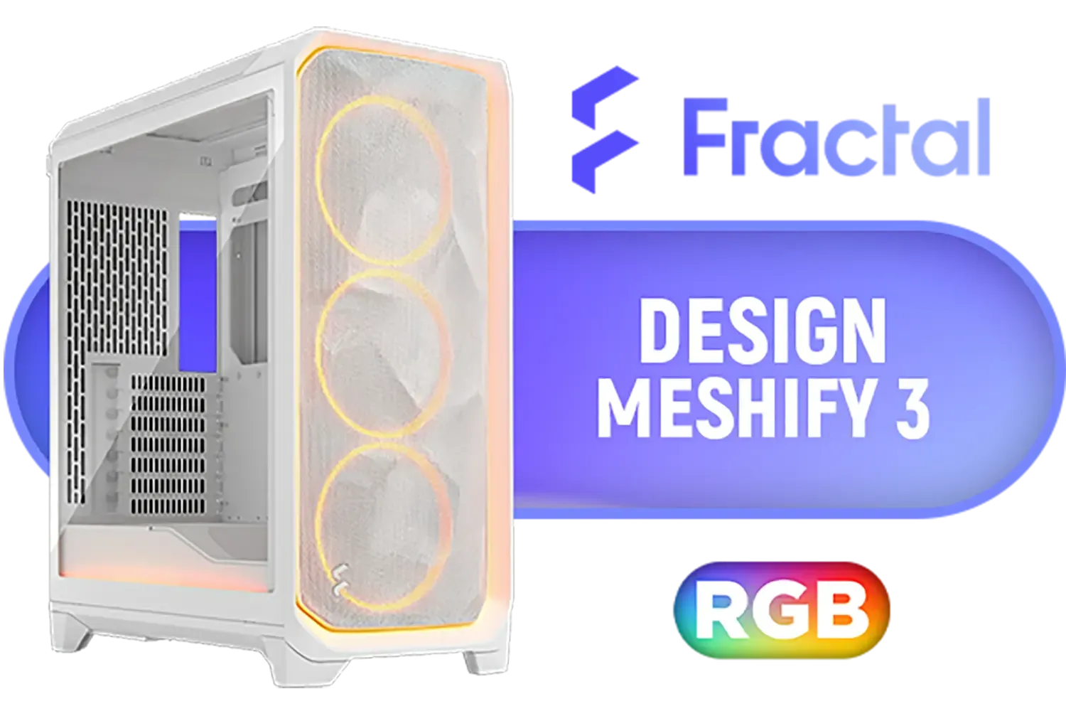 Fractal Design Meshify 3 Ambience Pro RGB White Tempered Glass Clear Tint E-ATX Mid-Tower Gaming Cabinet Case with Three Pre-Installed GP-14 Fans and Detachable Front & Top Filter - White / FD-C-MES3A-05