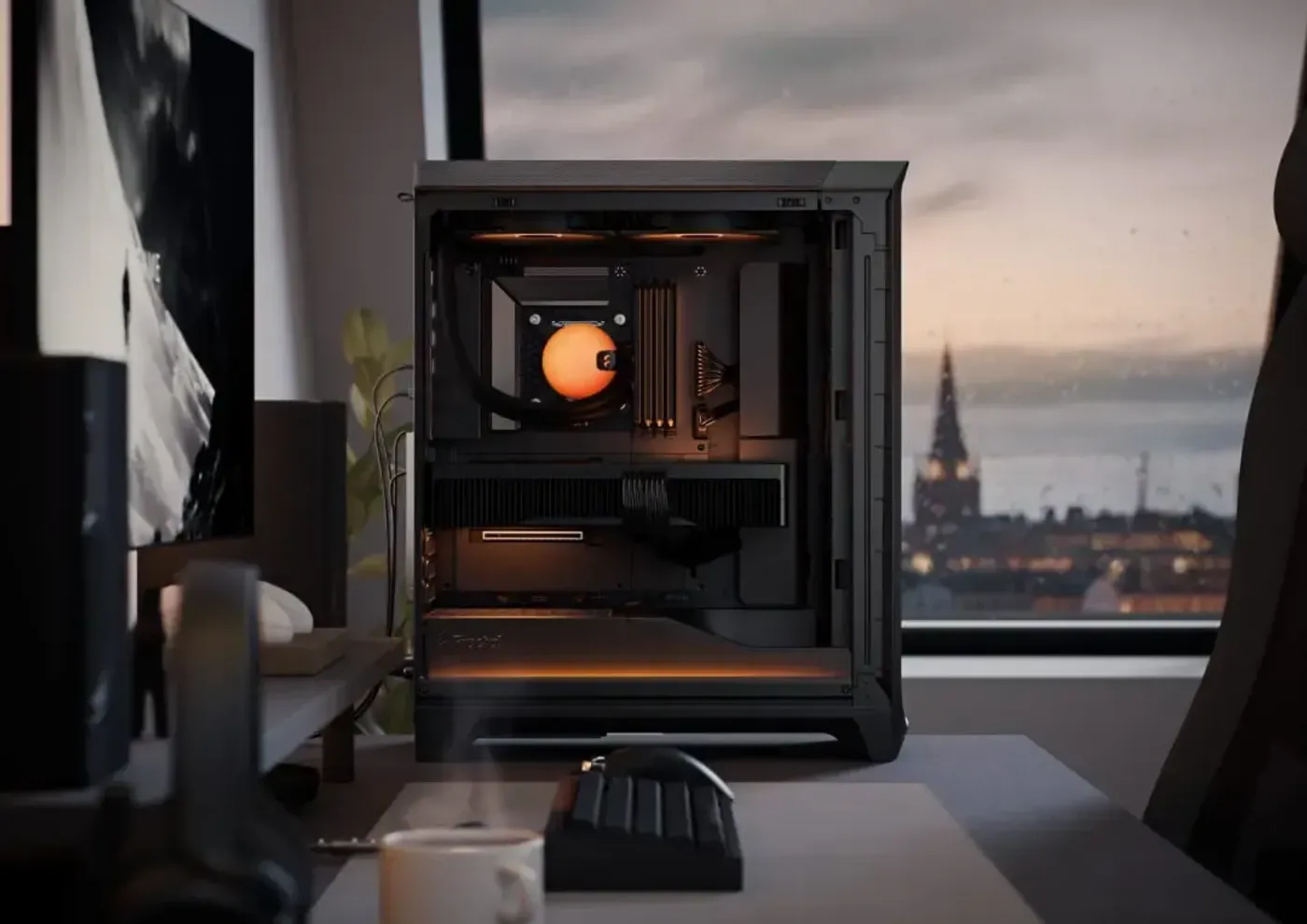 Side view of Fractal Design Meshify 3 case showing spacious interior for hardware