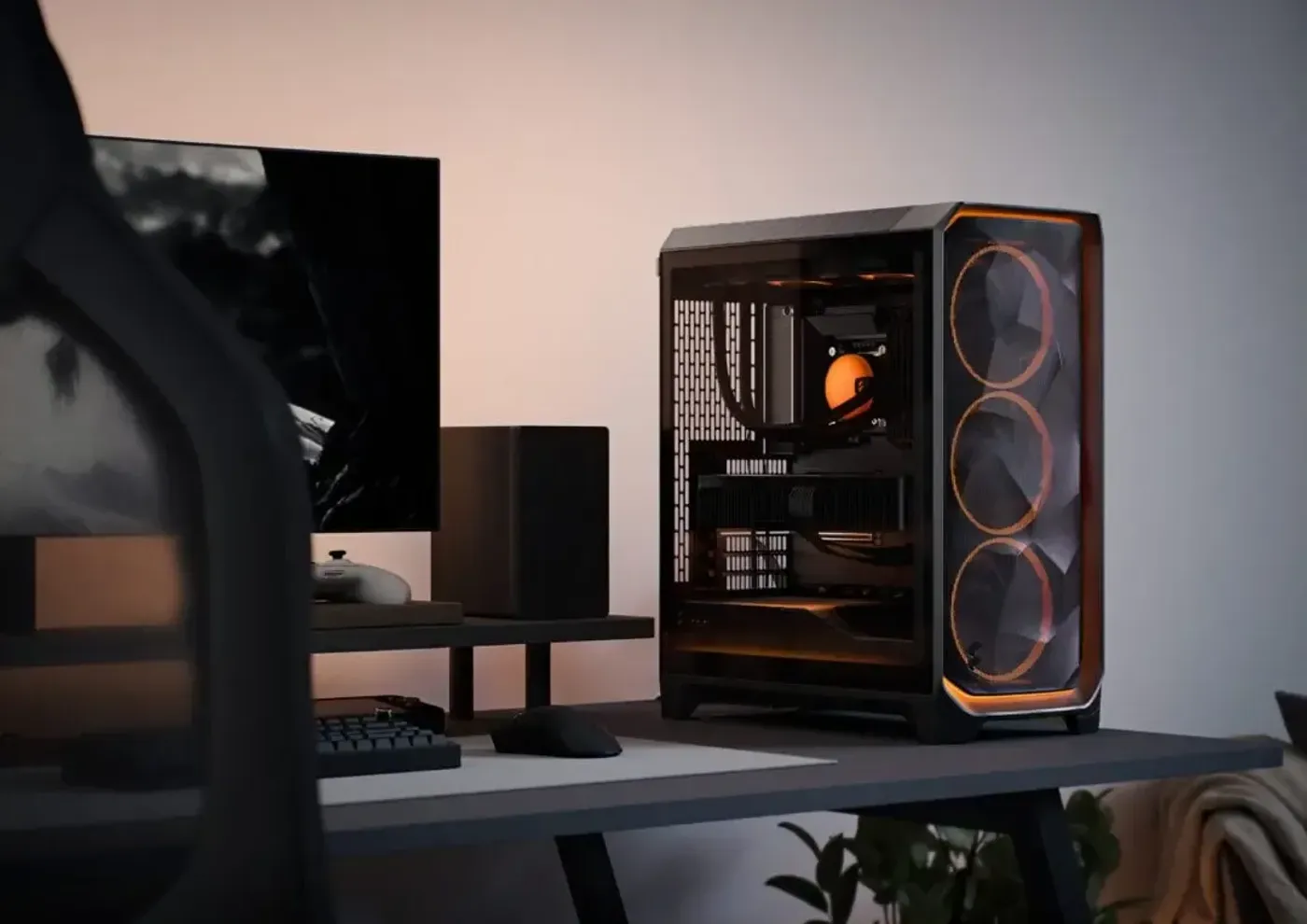 Close-up of Fractal Design Meshify 3 case featuring customizable ARGB lighting