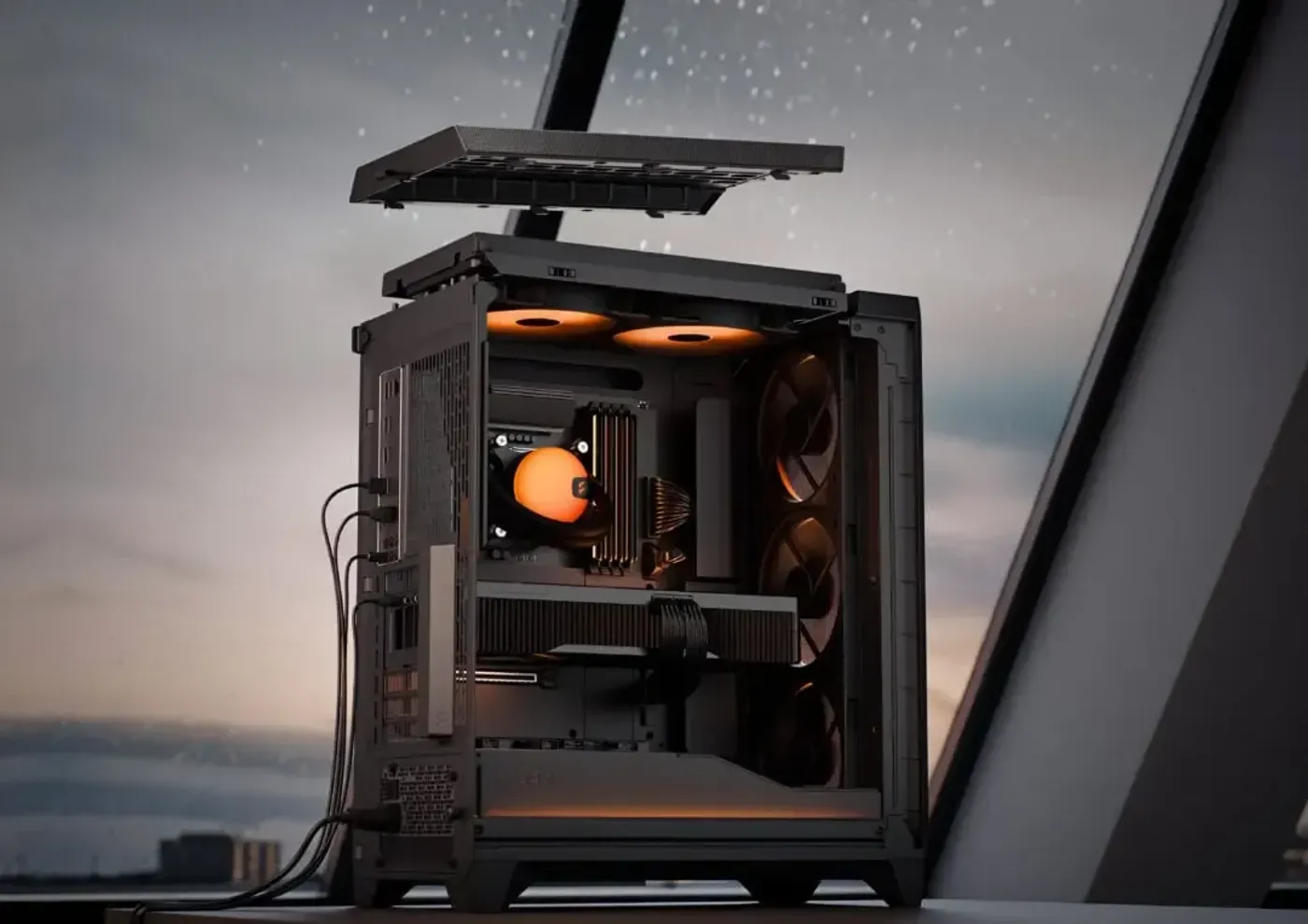 Interior view of Fractal Design Meshify 3 highlighting radiator support features