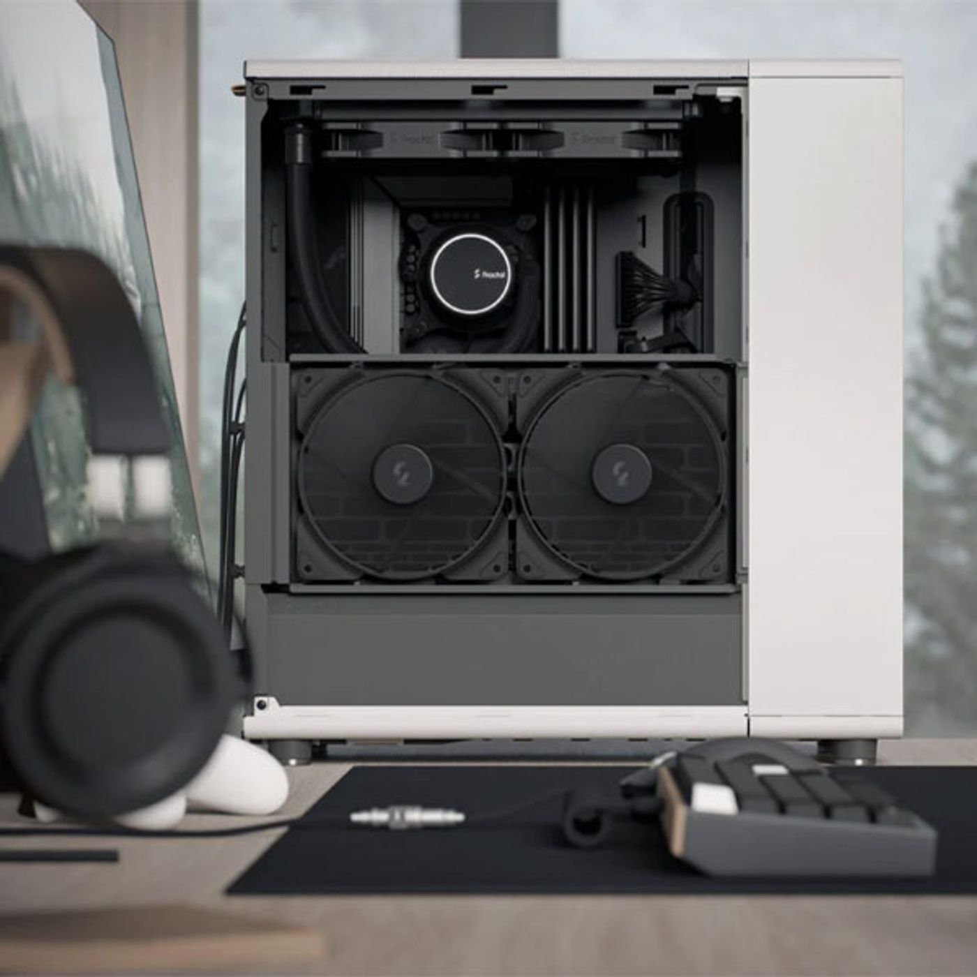 Internal layout of Fractal Design North with fan and drive mounts