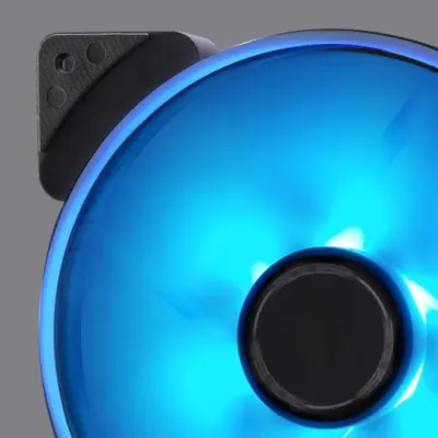 Vivid LED lights shining from the center hub of a Fractal Design case fan
