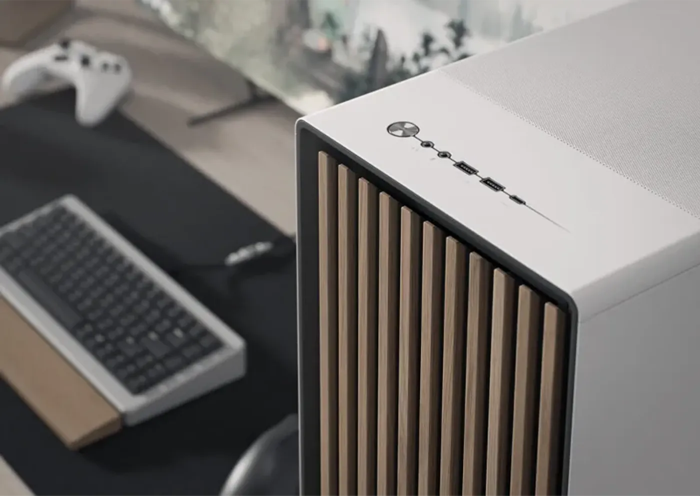 Fractal North XL case featuring authentic oak and walnut wood front panel accents