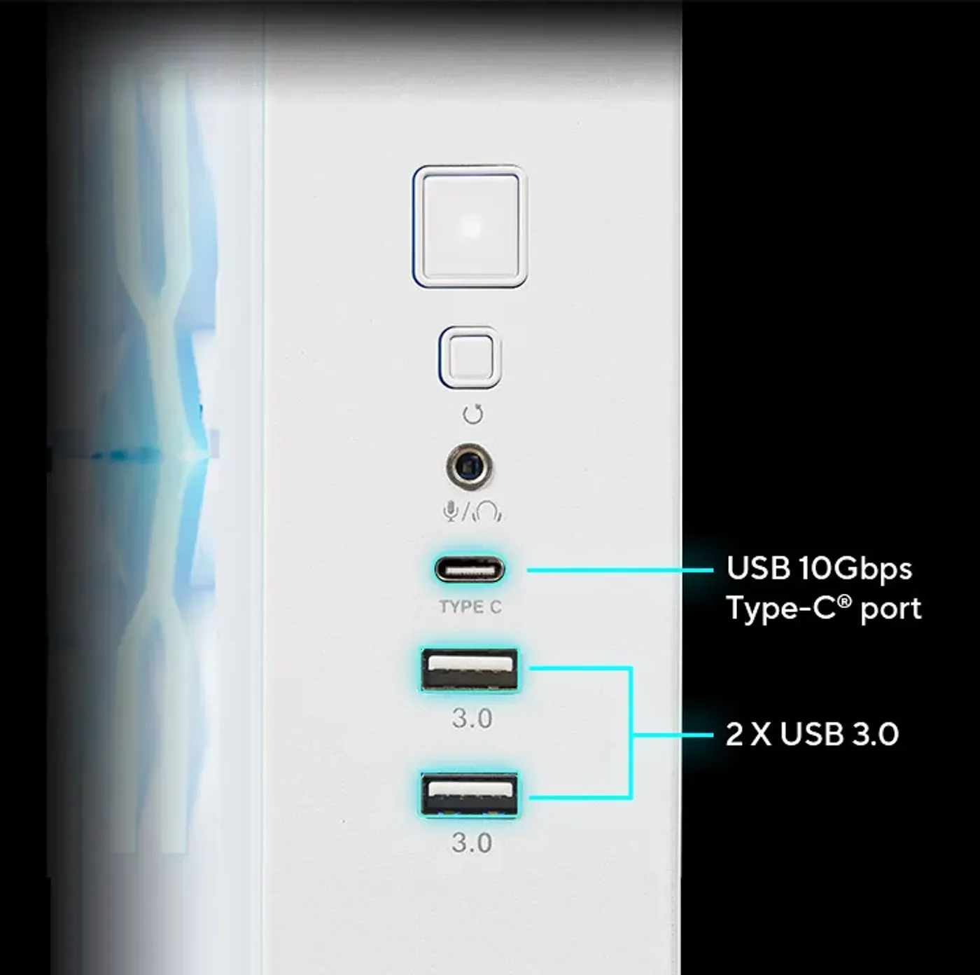 Front panel of a device with one headphone jack, one USB Type-C port, and two USB 3.0 ports, highlighted and labeled