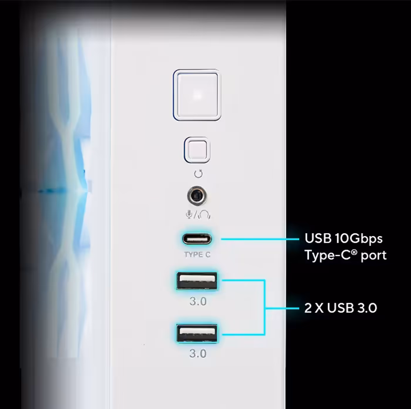 Front panel of a device with one headphone jack, one USB Type-C port, and two USB 3.0 ports, highlighted and labeled
