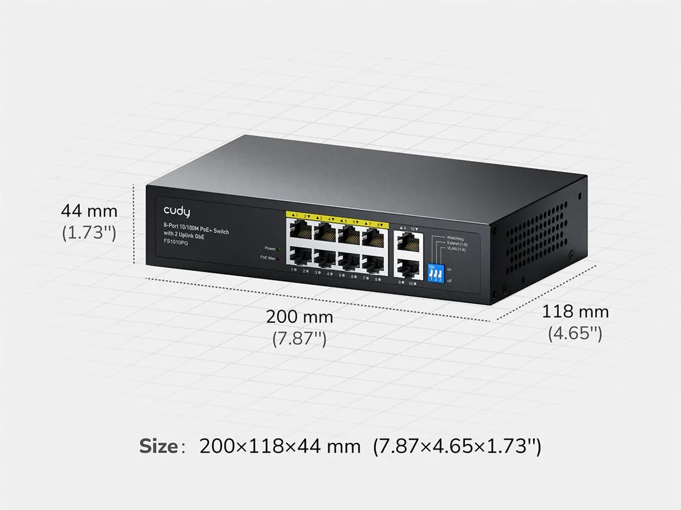 Product image highlighting built-in AC adapter and 1U height