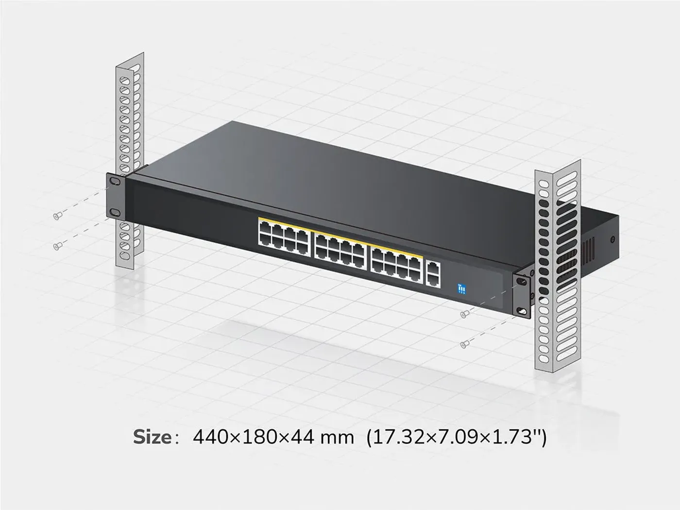 Product mounted with included 19 inches rack mounting bracket
