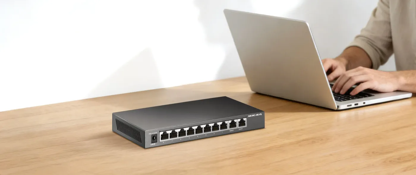 MS110GMP switch featuring durable metal casing and silent fanless design
