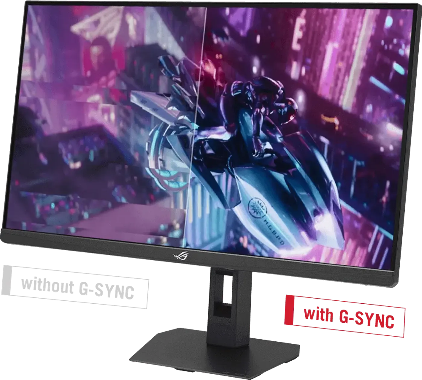 Split illustration showing tearing on one side and smooth gameplay with G-SYNC on the other