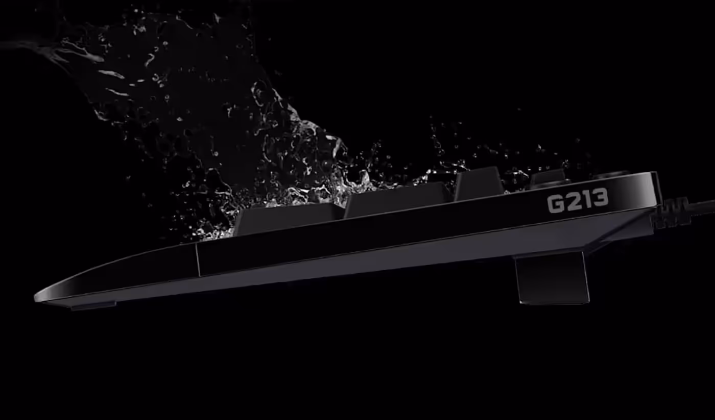 Logitech G213 Prodigy keyboard showing spill-resistant durable construction