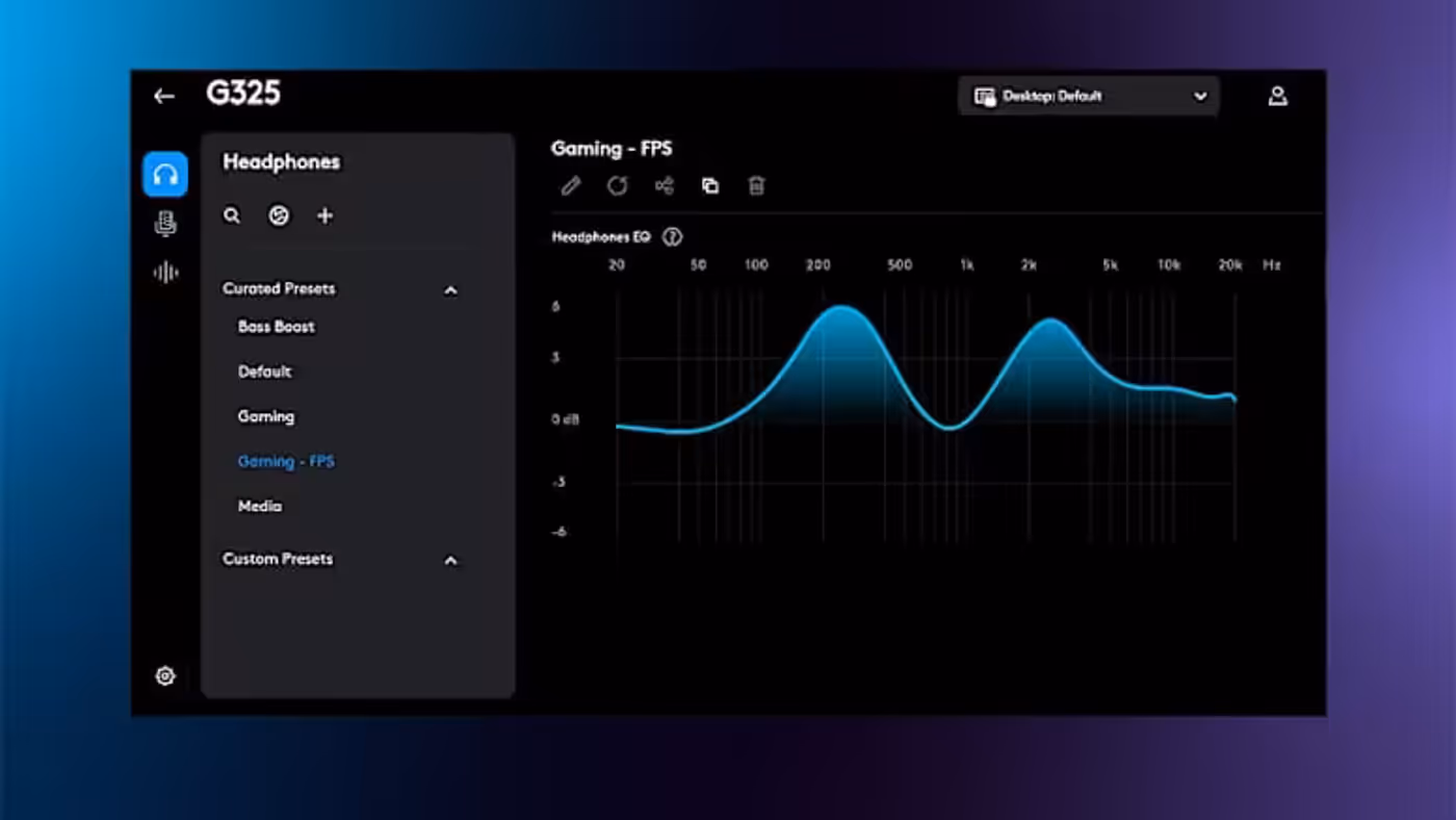 Interface showing G HUB software for customizing gaming audio presets