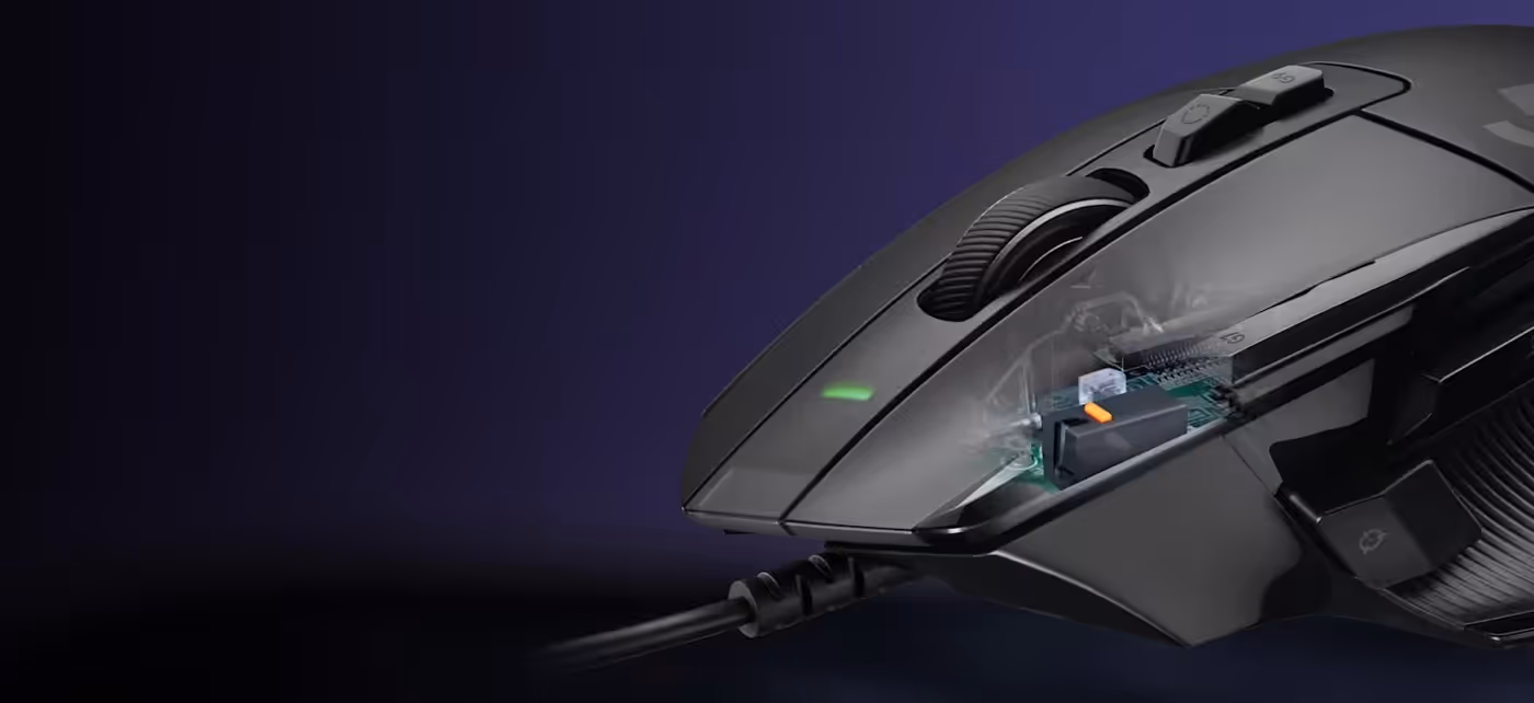 Lightforce hybrid optical-mechanical switches banner showing gaming mouse design