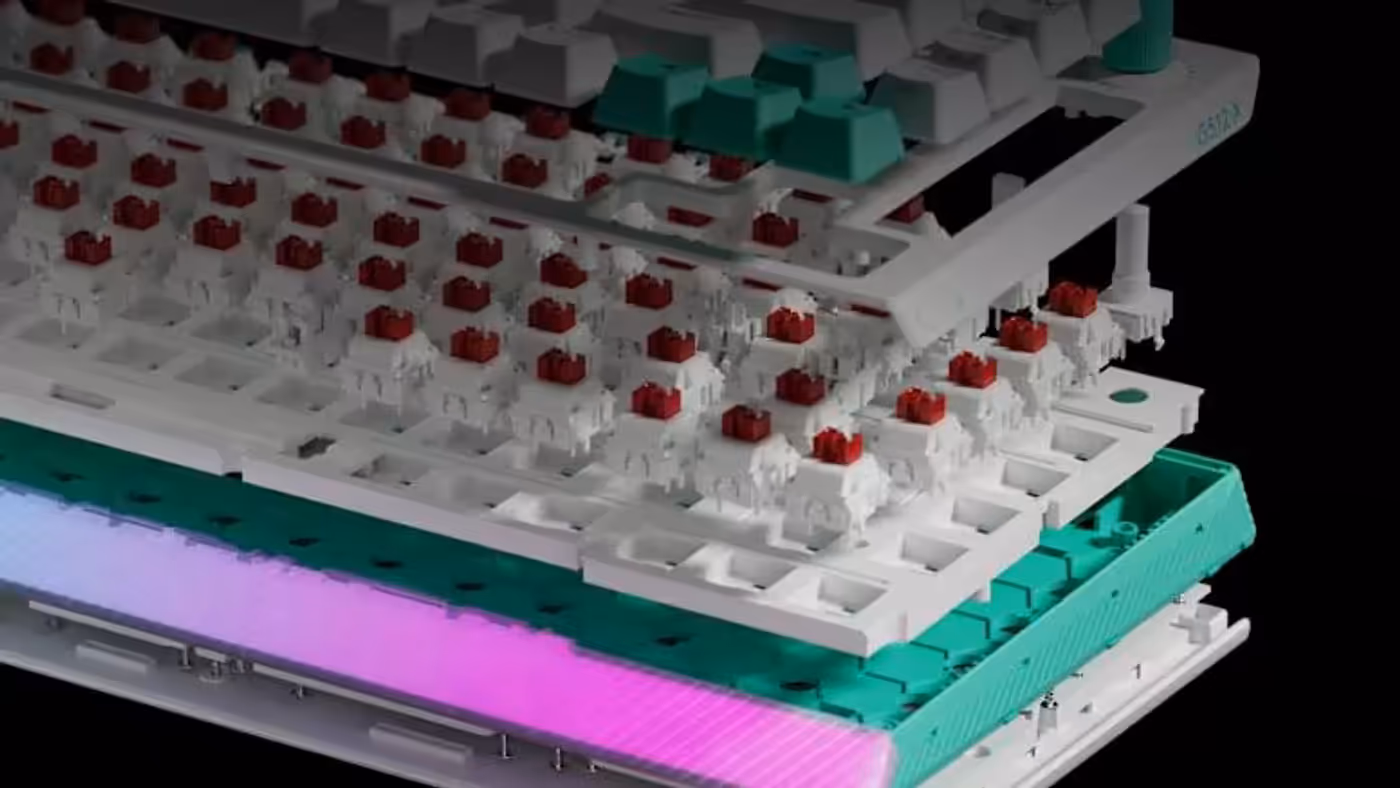 Gasket mount keyboard interior showcasing silicone dampening technology