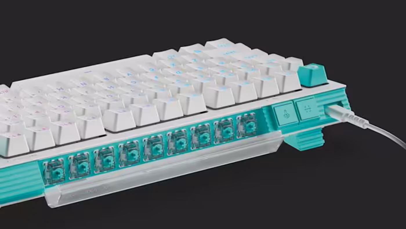 Keyboard back showing convenient built-in switch and ring storage