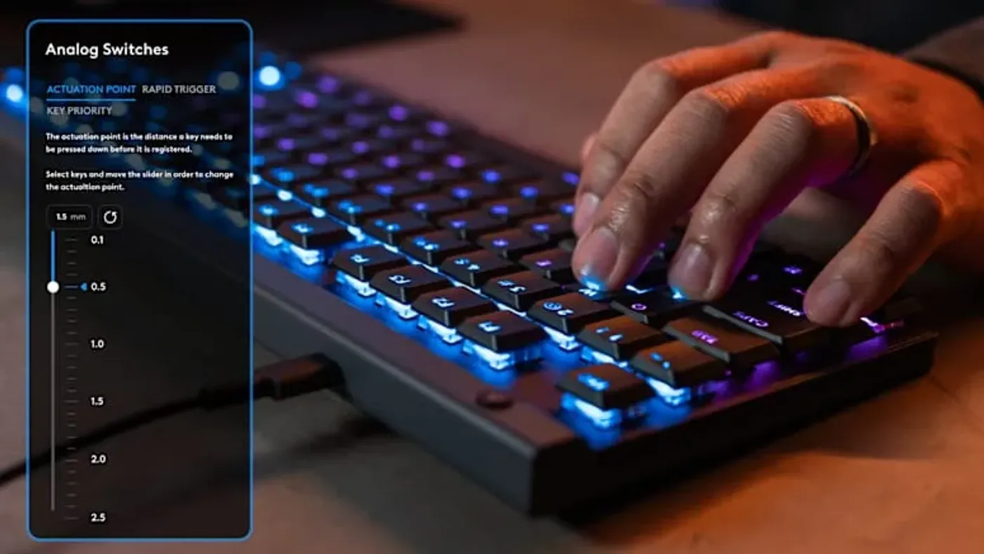 Close-up of customizable analog switches on G515 keyboard