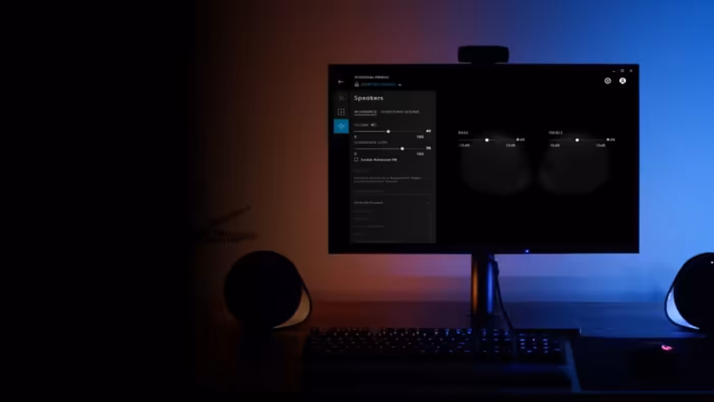Desktop speaker setup showcasing subwoofer bass customization controls